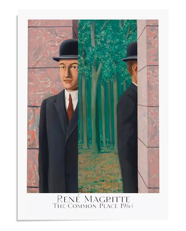 A surrealist painting depicting a man in a bowler hat standing in front of a brick wall. A vertical section of the image is replaced by a dense green forest, creating a visual contrast between architecture and nature. The artwork plays with perception, identity, and space, characteristic of Magritte’s surrealist style.
