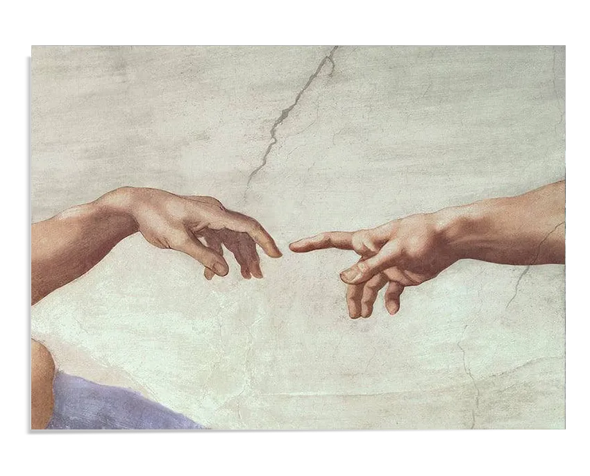 A Renaissance fresco painting fragment depicting two hands reaching towards each other against a light, cracked plaster background. One hand, representing God, extends from the right with an outstretched index finger, while the other, representing Adam, reaches from the left in a mirrored gesture. The composition captures the iconic moment of near-contact, symbolizing the act of divine creation.