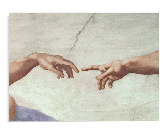 A Renaissance fresco painting fragment depicting two hands reaching towards each other against a light, cracked plaster background. One hand, representing God, extends from the right with an outstretched index finger, while the other, representing Adam, reaches from the left in a mirrored gesture. The composition captures the iconic moment of near-contact, symbolizing the act of divine creation.