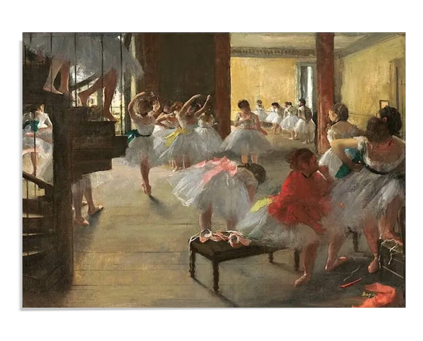 An Impressionist oil painting depicting a large ballet class in a spacious dance studio. Young ballerinas dressed in white tutus practice their movements while a dance instructor observes. The room is bathed in warm natural light, and the lively scene captures a sense of movement and elegance.