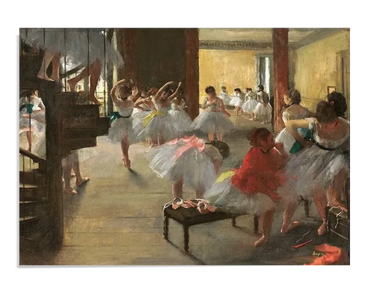 An Impressionist oil painting depicting a large ballet class in a spacious dance studio. Young ballerinas dressed in white tutus practice their movements while a dance instructor observes. The room is bathed in warm natural light, and the lively scene captures a sense of movement and elegance.