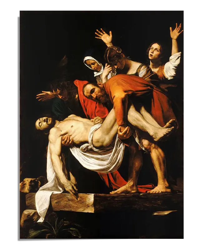 A dramatic Baroque oil painting depicting Christ’s lifeless body being lowered into a stone tomb by two men, surrounded by grieving figures. The Virgin Mary, Mary Magdalene, and another woman raise their hands in sorrow. The use of deep shadows and bright highlights emphasizes the emotional intensity of the scene.
