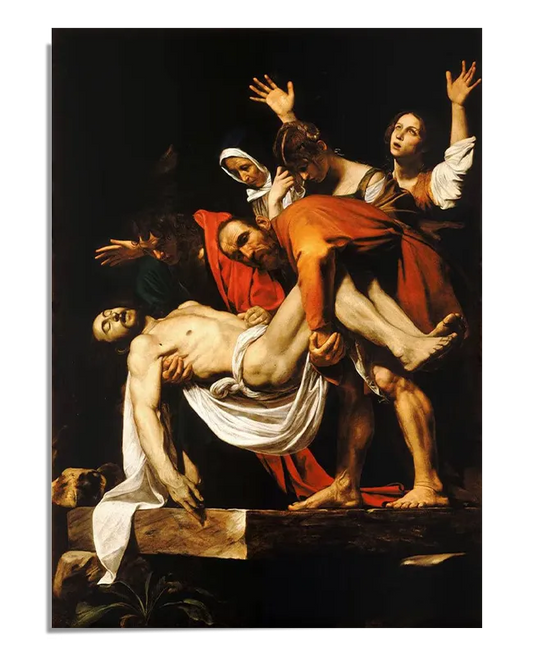 A dramatic Baroque oil painting depicting Christ’s lifeless body being lowered into a stone tomb by two men, surrounded by grieving figures. The Virgin Mary, Mary Magdalene, and another woman raise their hands in sorrow. The use of deep shadows and bright highlights emphasizes the emotional intensity of the scene.