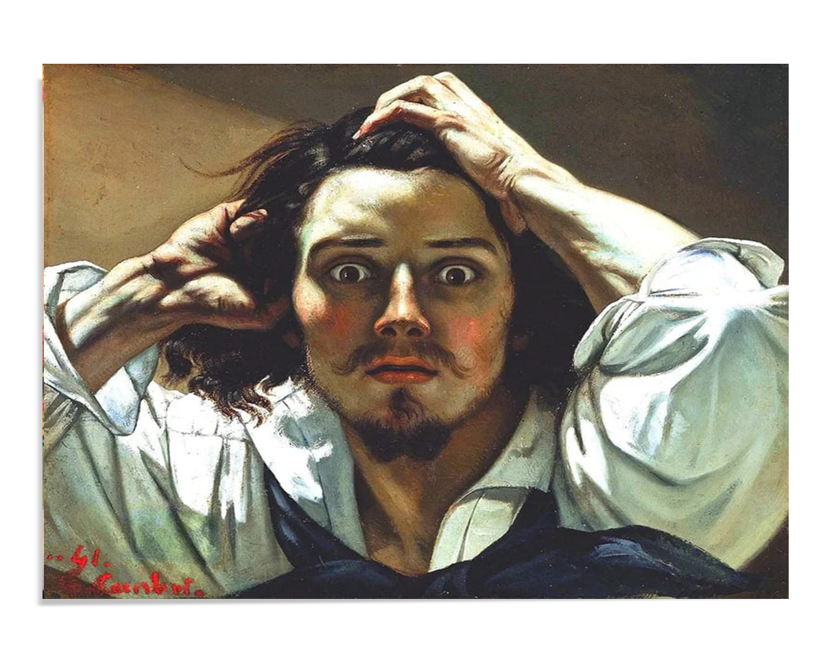 A self-portrait of Gustave Courbet showing the artist in a moment of intense distress. His hands grip his hair while his wide eyes convey panic and anxiety. The expressive details and dramatic lighting bring out the emotion of the moment.