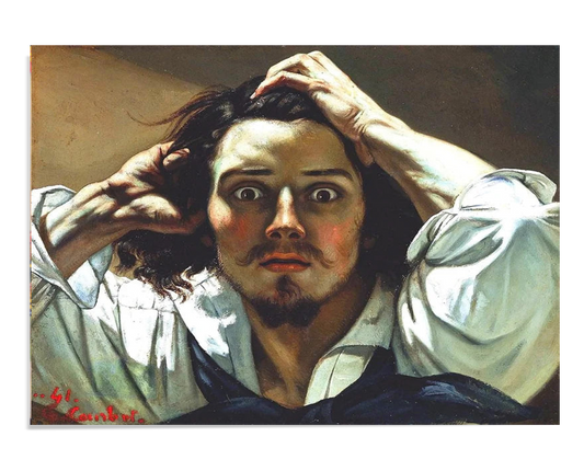 A self-portrait of Gustave Courbet showing the artist in a moment of intense distress. His hands grip his hair while his wide eyes convey panic and anxiety. The expressive details and dramatic lighting bring out the emotion of the moment.
