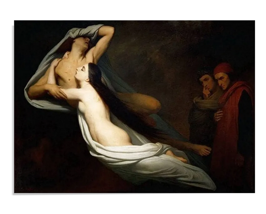 A dramatic painting featuring two ghostly lovers, Paolo and Francesca, floating in a sorrowful embrace as they drift through darkness. Their bodies are wrapped in flowing white fabric, giving them an ethereal appearance. In the background, two shadowed figures, Dante and Virgil, observe them with solemn expressions. The deep contrast between light and shadow enhances the painting’s tragic and haunting atmosphere.