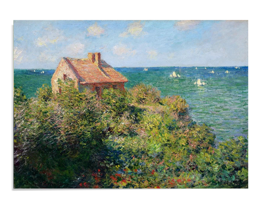 A coastal Impressionist scene by Claude Monet, featuring a small house on a cliff overlooking the sea, with vibrant greenery and boats floating in the calm waters. The soft color palette and loose brushwork capture the serenity and beauty of the French coastline. Perfect for nature and coastal art lovers, this fine art print offers a peaceful and inviting atmosphere for any space.