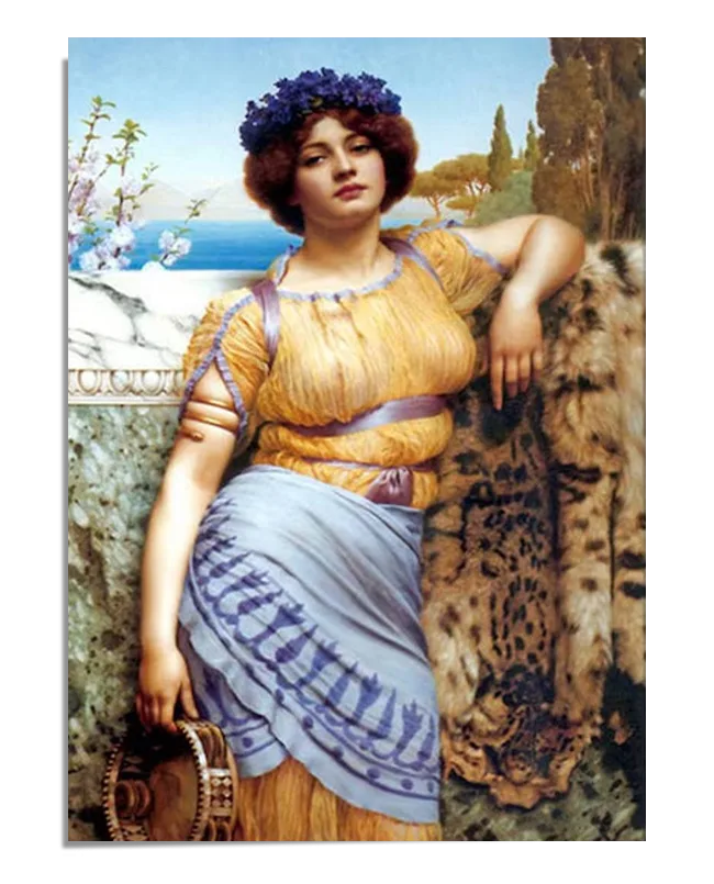 A classical portrait of a woman in a flowing yellow and blue gown, sitting gracefully in an outdoor setting with a floral headpiece. She is surrounded by a lush landscape with trees, a distant coastline, and classical architecture. The painting captures her serene expression and the delicate details of her attire, creating a timeless and elegant image.