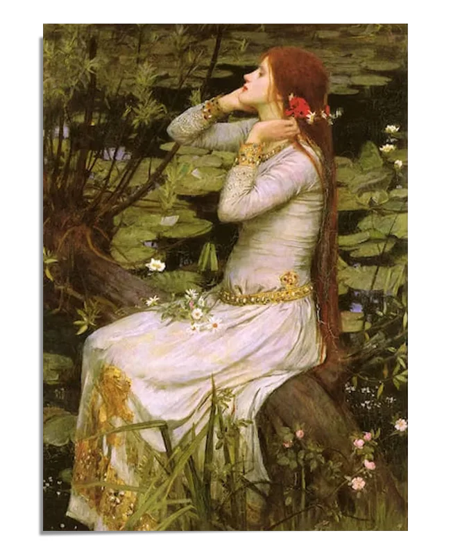 A Pre-Raphaelite painting showing a woman in a flowing white gown, sitting by a river surrounded by lush greenery and flowers. She gazes off into the distance, with her long hair and gown blending with the natural beauty around her. The water is covered with lilies, and the scene has a dreamy, romantic quality, evoking a sense of beauty and melancholy.