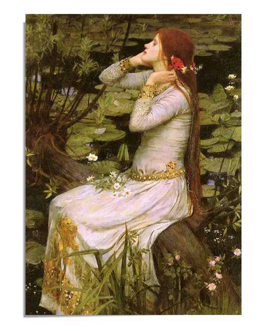 A Pre-Raphaelite painting showing a woman in a flowing white gown, sitting by a river surrounded by lush greenery and flowers. She gazes off into the distance, with her long hair and gown blending with the natural beauty around her. The water is covered with lilies, and the scene has a dreamy, romantic quality, evoking a sense of beauty and melancholy.