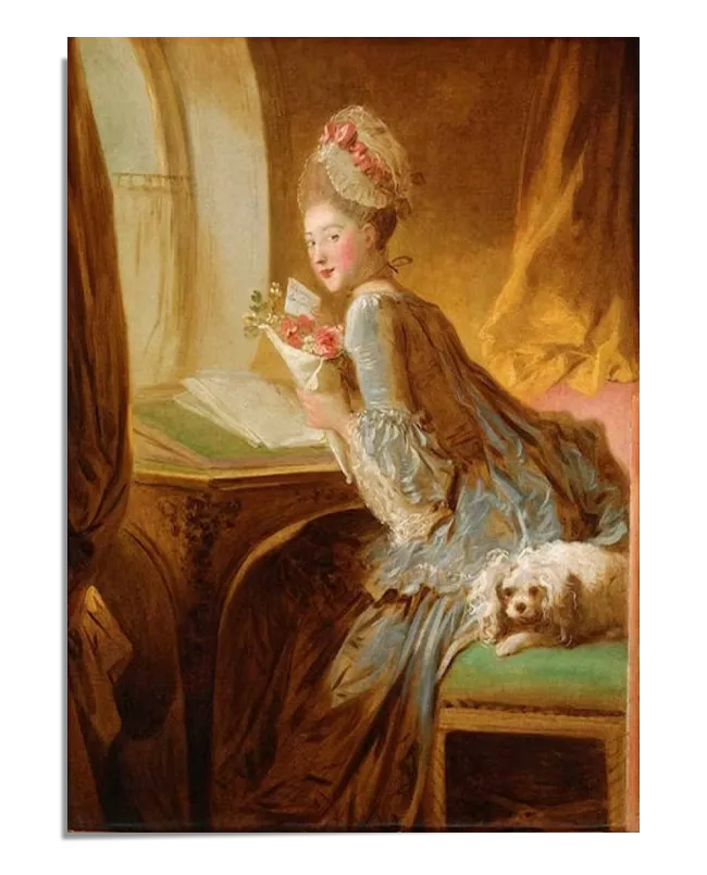 An 18th-century Rococo painting depicting a young woman in an elegant blue gown, seated near a window as she holds a love letter and a bouquet of flowers. She looks playfully toward the viewer, her powdered hair adorned with a decorative hat. A small white lapdog rests beside her on a plush green bench. The warm golden light and soft brushstrokes add to the painting’s romantic and refined atmosphere.