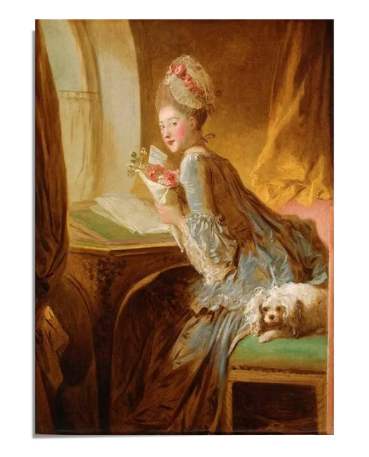 An 18th-century Rococo painting depicting a young woman in an elegant blue gown, seated near a window as she holds a love letter and a bouquet of flowers. She looks playfully toward the viewer, her powdered hair adorned with a decorative hat. A small white lapdog rests beside her on a plush green bench. The warm golden light and soft brushstrokes add to the painting’s romantic and refined atmosphere.