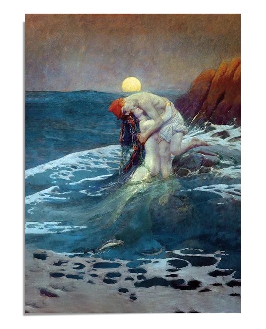 A painting of a couple embracing in the sea, surrounded by swirling waves. The man and woman are close together, with the woman’s flowing gown gently lifted by the waves. The soft light of the moon and setting sun casts a warm glow on the scene. The crashing waves add a sense of movement and passion to the image, while the figures of the couple remain central, creating a powerful and romantic composition.