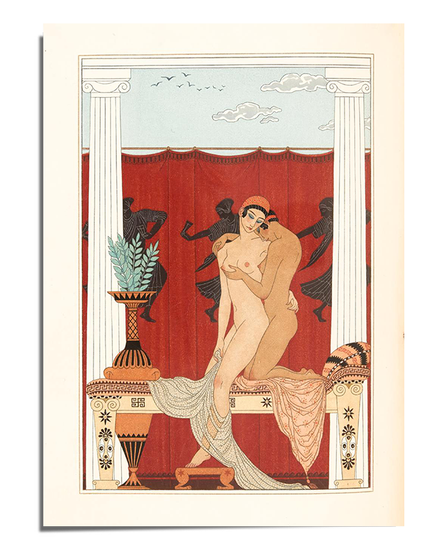 An elegant Art Deco print by Georges Barbier, depicting a couple embracing in a sensual and graceful pose, with a rich red background and abstract dancers adding dynamic movement. The intricate lines and bold colors make this print a timeless symbol of love and passion in the 1920s. Ideal for art lovers and home decor enthusiasts, it brings both intimacy and sophistication to any space.