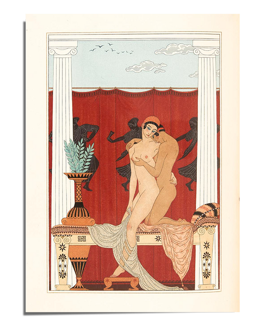 An elegant Art Deco print by Georges Barbier, depicting a couple embracing in a sensual and graceful pose, with a rich red background and abstract dancers adding dynamic movement. The intricate lines and bold colors make this print a timeless symbol of love and passion in the 1920s. Ideal for art lovers and home decor enthusiasts, it brings both intimacy and sophistication to any space.