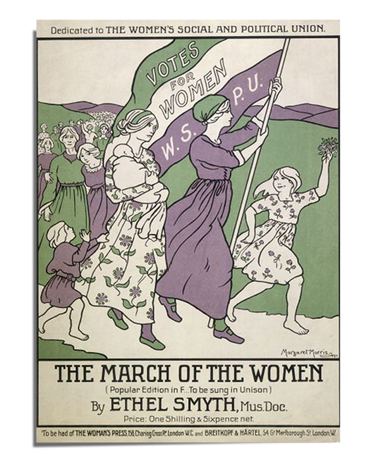 A vintage illustration featuring a group of women marching forward, waving banners in shades of purple and green that read "Votes for Women." The leader, dressed in a long purple robe, holds a flag high. Behind her, women of various ages join the march, representing unity and strength in the fight for women's voting rights.