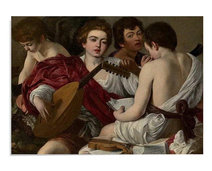 A Baroque oil painting depicting four young men dressed in flowing garments, engaged in playing and reading music. One holds a lute, while another reads a sheet of music. Their expressions range from focused to introspective. The dramatic use of light and shadow highlights the rich textures of the fabrics and the naturalism of their faces.