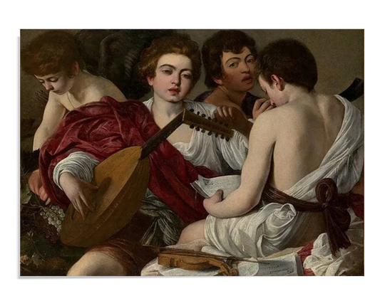 A Baroque oil painting depicting four young men dressed in flowing garments, engaged in playing and reading music. One holds a lute, while another reads a sheet of music. Their expressions range from focused to introspective. The dramatic use of light and shadow highlights the rich textures of the fabrics and the naturalism of their faces.