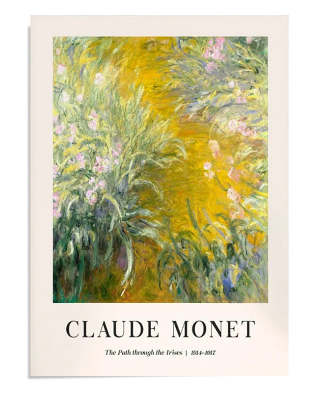 A beautiful floral scene by Claude Monet, featuring a path through vibrant purple irises set against golden foliage. The brushstrokes convey a sense of movement, capturing the sunlight filtering through the flowers. The painting radiates warmth and tranquility, making it an ideal choice for nature-inspired home decor and art lovers. Perfect for those who appreciate Monet’s Impressionist style and the beauty of garden landscapes.