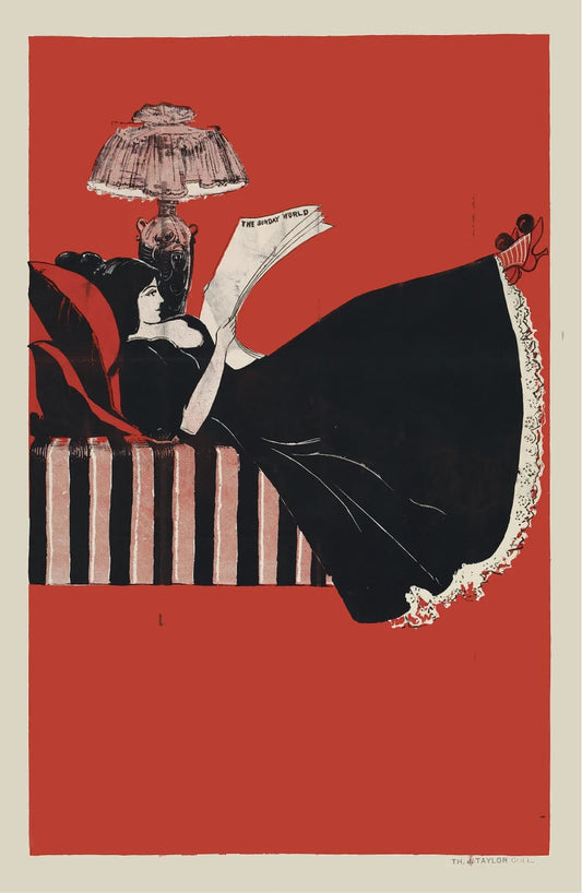 A graceful Art Nouveau print of a woman relaxing on a striped sofa, reading a newspaper. The vibrant red background and organic lines capture the timeless beauty of the period, creating a serene and stylish atmosphere for any space.