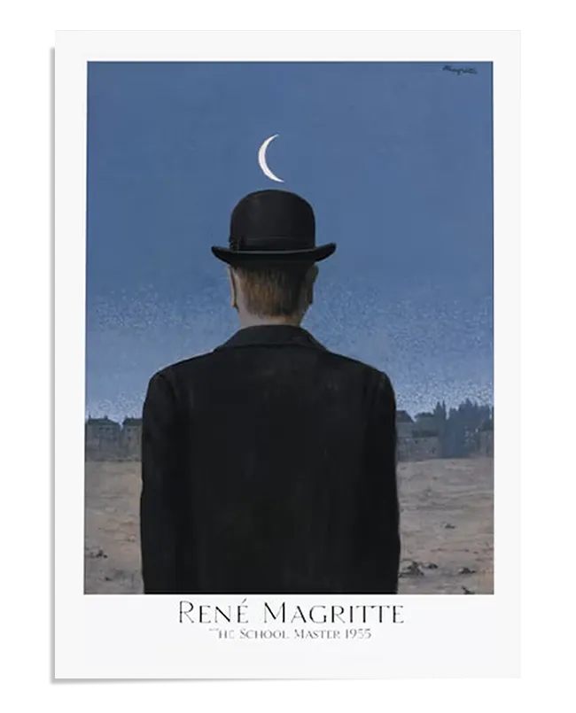 A surrealist painting featuring a man in a dark suit and bowler hat, standing with his back to the viewer. Above his head, a crescent moon floats in a deep blue sky. The landscape in the background is barren, with distant silhouettes of buildings. The composition evokes a sense of mystery, solitude, and contemplation.