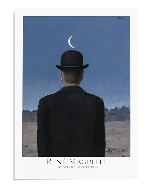 A surrealist painting featuring a man in a dark suit and bowler hat, standing with his back to the viewer. Above his head, a crescent moon floats in a deep blue sky. The landscape in the background is barren, with distant silhouettes of buildings. The composition evokes a sense of mystery, solitude, and contemplation.