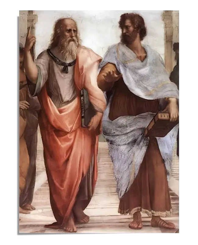 A Renaissance fresco fragment featuring two philosophers, Plato and Aristotle, walking side by side in a grand architectural setting. Plato, an elderly man with a flowing beard, wears a red robe and gestures upward, while Aristotle, dressed in blue and brown, holds a book and extends his hand outward. The detailed folds of their clothing and the soft lighting enhance the depth and realism of the scene.