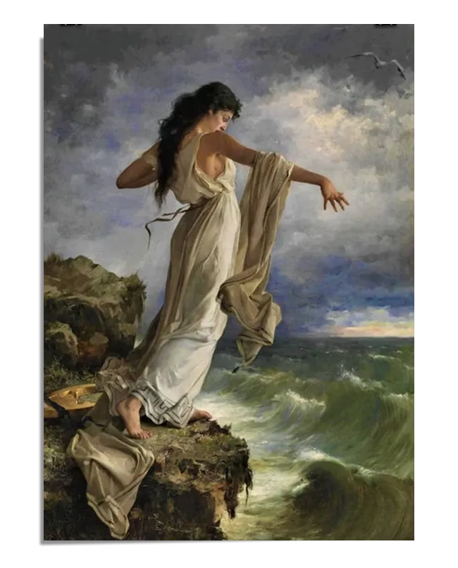A painting of a woman standing on a rocky cliff, her long flowing gown blowing in the wind as she gestures towards the ocean. The turbulent waves crash around her, and the stormy sky creates a dramatic contrast with her serene, yet powerful presence. The figure is illuminated by soft light, highlighting the elegance of her pose and the movement of the fabric.