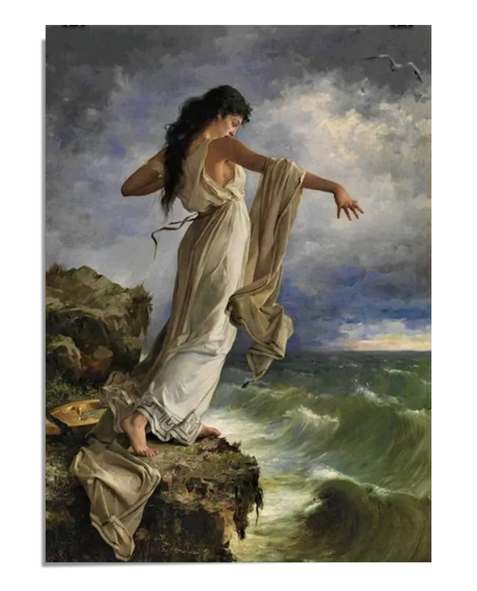 A painting of a woman standing on a rocky cliff, her long flowing gown blowing in the wind as she gestures towards the ocean. The turbulent waves crash around her, and the stormy sky creates a dramatic contrast with her serene, yet powerful presence. The figure is illuminated by soft light, highlighting the elegance of her pose and the movement of the fabric.