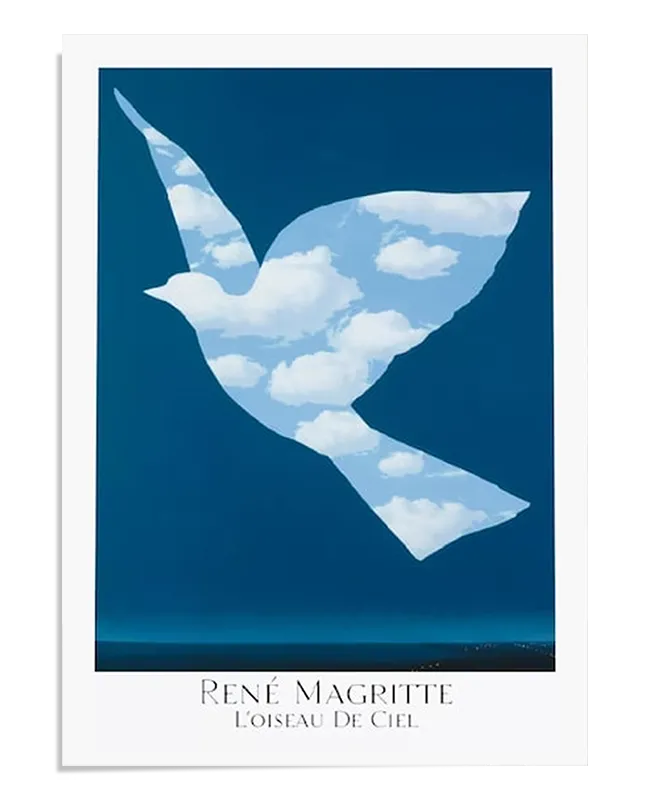 A surrealist painting featuring the silhouette of a bird filled with bright blue sky and white clouds, set against a deep blue background. The bird appears to merge with the sky, creating a dreamlike and symbolic effect. A subtle horizon line is visible at the bottom of the image, enhancing the depth of the composition.