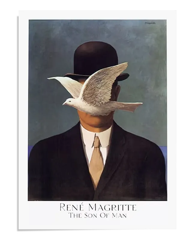 A surrealist painting featuring a man in a dark suit and bowler hat, standing against a background of sky and sea. A white dove with outstretched wings hovers in front of his face, obscuring his features. The composition is minimalist yet thought-provoking, with contrasting colors and a sense of mystery.