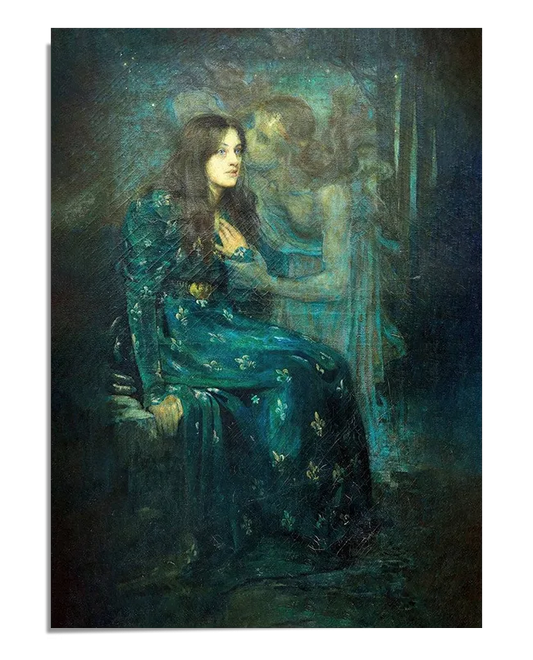 A Symbolist painting depicting a woman in a blue dress seated, gazing at a ghostly figure beside her. The ethereal figure appears to be a manifestation of her emotions. The soft, mystical light contrasts with the dark tones of the background, creating a surreal and haunting scene.