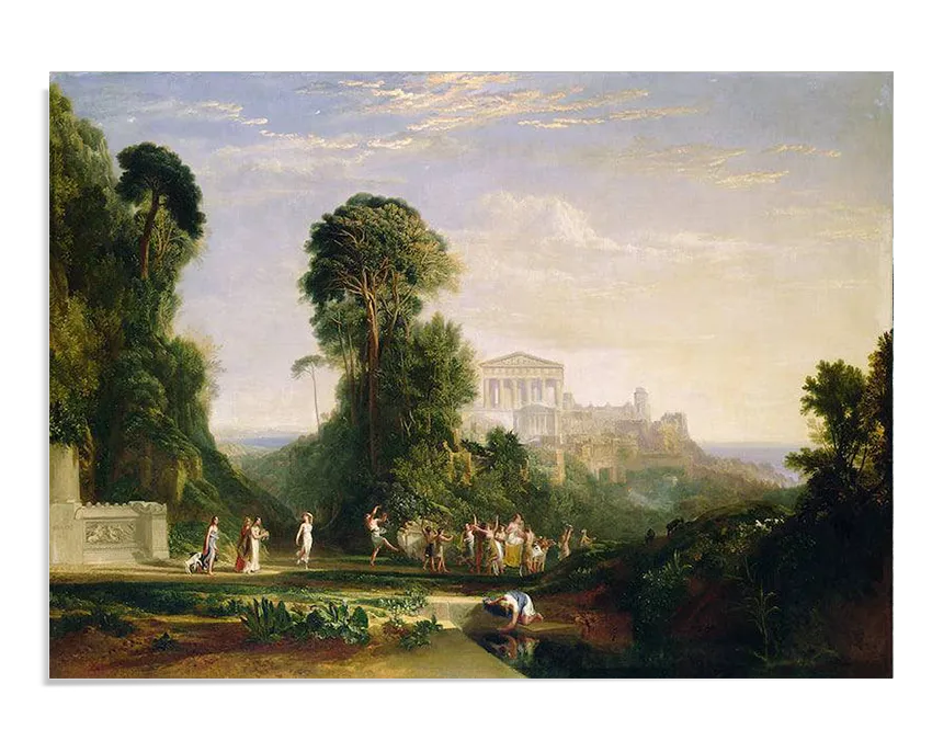 A Romantic-style oil painting featuring an expansive landscape with a grand classical temple atop a hill, surrounded by lush greenery. A group of elegantly dressed figures walk in a procession through a sunlit clearing, while others engage in daily activities. The sky is painted in soft golden hues, creating an ethereal and atmospheric effect characteristic of Turner’s work.