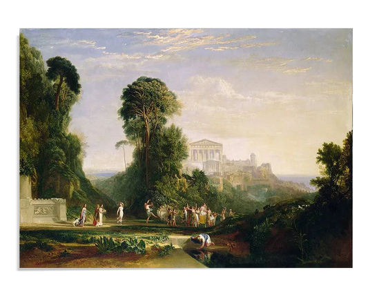 A Romantic-style oil painting featuring an expansive landscape with a grand classical temple atop a hill, surrounded by lush greenery. A group of elegantly dressed figures walk in a procession through a sunlit clearing, while others engage in daily activities. The sky is painted in soft golden hues, creating an ethereal and atmospheric effect characteristic of Turner’s work.