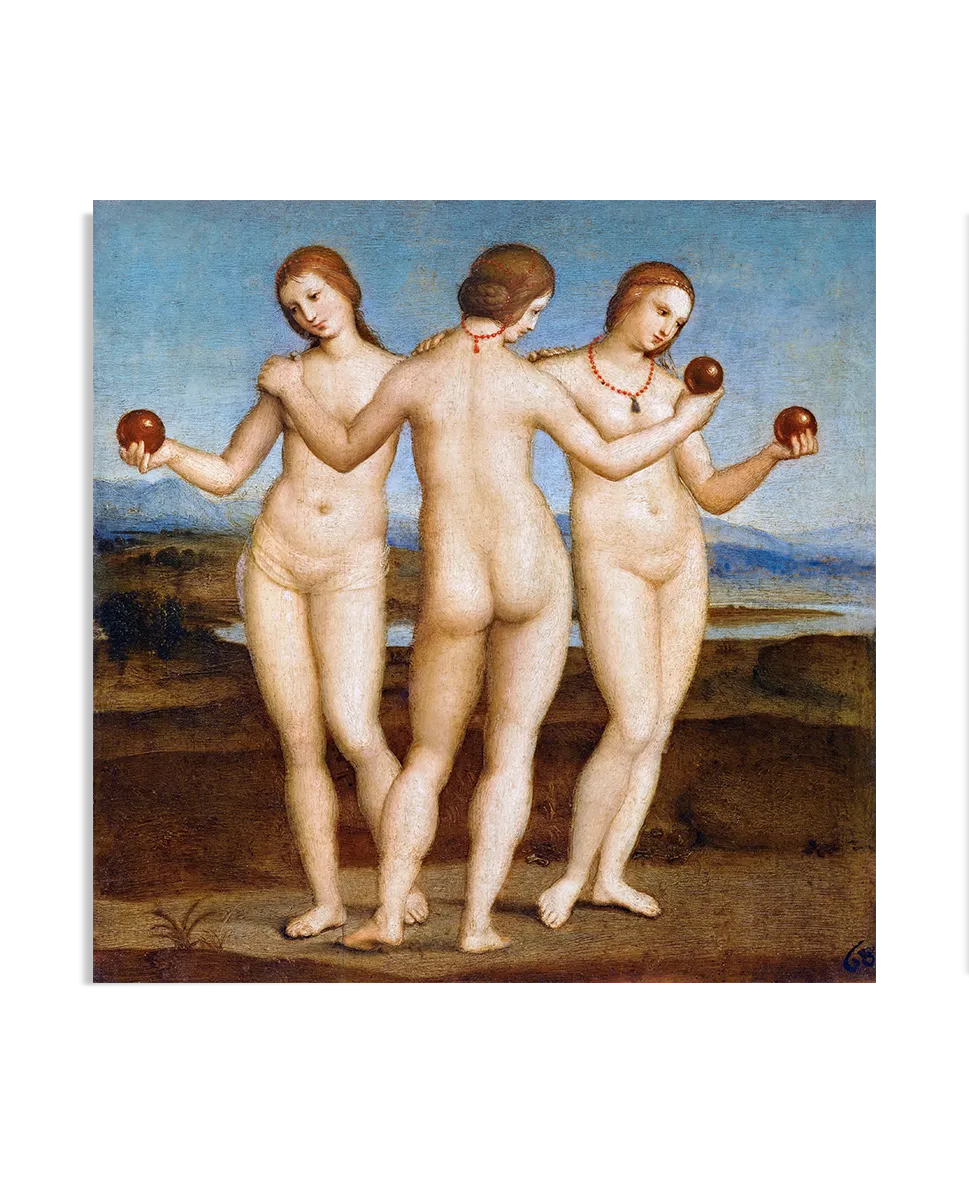 A Renaissance oil painting depicting three nude women standing closely together, embracing each other. They hold small golden apples and wear delicate red necklaces. The background features a soft blue sky and rolling hills, enhancing the painting’s serene and harmonious atmosphere.