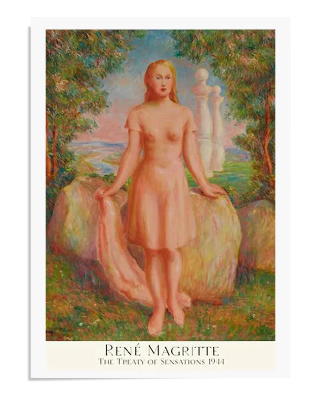 A surrealist painting featuring a woman standing in a lush, green landscape, holding a flowing pink scarf. She is surrounded by large stones, and the soft tones of the figure contrast with the vibrant landscape in the background. The composition creates a dreamlike atmosphere, blending nature and the human form in a surreal, symbolic way.