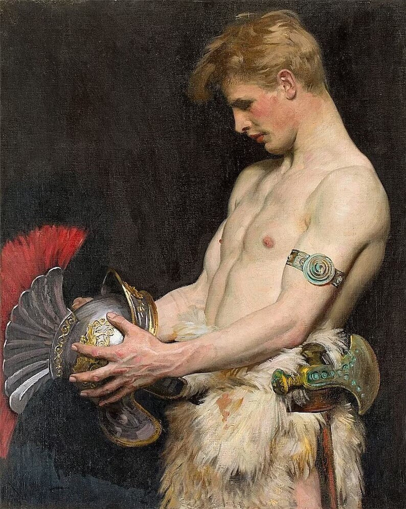 A classical painting depicting a young Viking warrior with a muscular build, standing against a dark background. He is shirtless, wearing a fur belt and intricate armlets, while he gazes down at a detailed metal helmet with a red plume in his hands. His expression is contemplative, and the dramatic lighting enhances the contrast between his fair skin and the surrounding shadows.