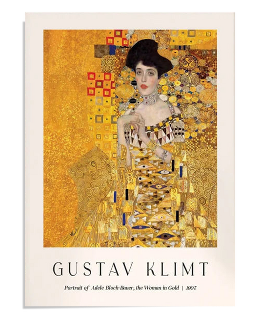 An exhibition poster featuring the iconic portrait of Adele Bloch-Bauer by Gustav Klimt. The image showcases intricate golden patterns, geometric shapes, and vibrant colors surrounding the subject, creating an elegant and timeless piece.