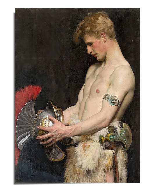 A detailed painting of a young male warrior with blonde hair, gazing intently at a plumed helmet he holds in his hands. He is shirtless, wearing a fur-trimmed garment and an intricately designed arm cuff. The background is dark, emphasizing the contrast between his fair skin and the deep shadows, giving the painting a dramatic and classical feel.