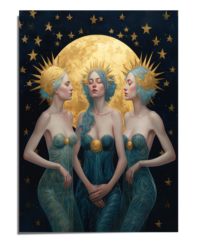 A mystical painting of three ethereal figures wearing celestial crowns, standing beneath a glowing golden moon, dressed in flowing blue-green gowns. The scene exudes tranquility, cosmic energy, and divine femininity.