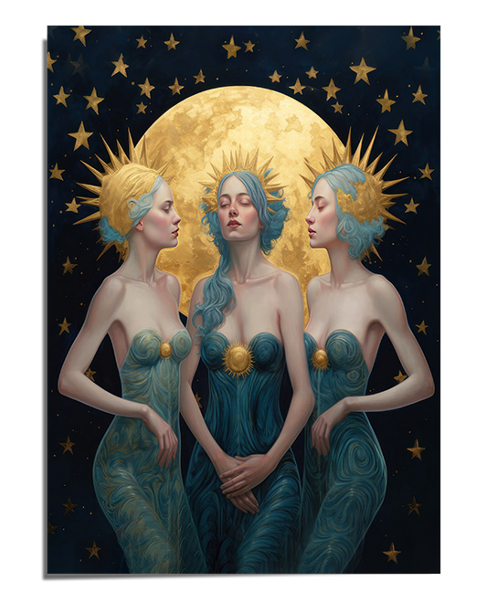 A mystical painting of three ethereal figures wearing celestial crowns, standing beneath a glowing golden moon, dressed in flowing blue-green gowns. The scene exudes tranquility, cosmic energy, and divine femininity.