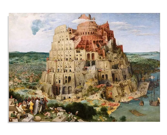 A Renaissance painting depicting the biblical Tower of Babel, a massive spiraling structure under construction with scaffolding and workers throughout. The scene includes a detailed landscape with a river, ships, and a bustling city in the background. At the foreground, a group of people gathers, possibly observing or discussing the towering construction.