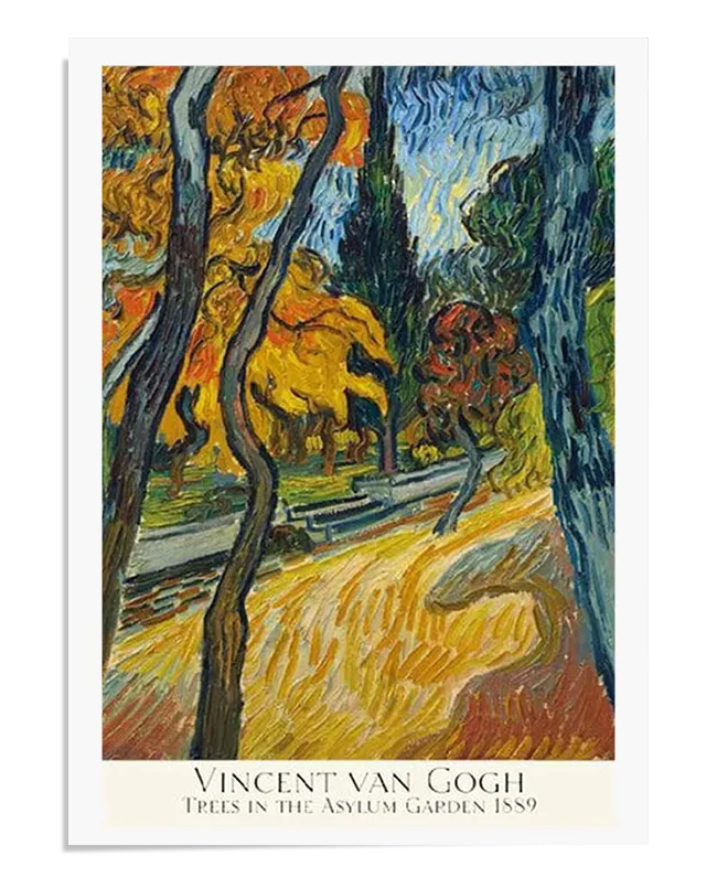 A Post-Impressionist painting depicting a path through an autumn garden, lined with twisting trees in vibrant yellow, red, and green hues. The swirling brushstrokes and bright colors convey a sense of movement and energy. The scene is filled with warmth and emotion, capturing van Gogh’s connection to nature.