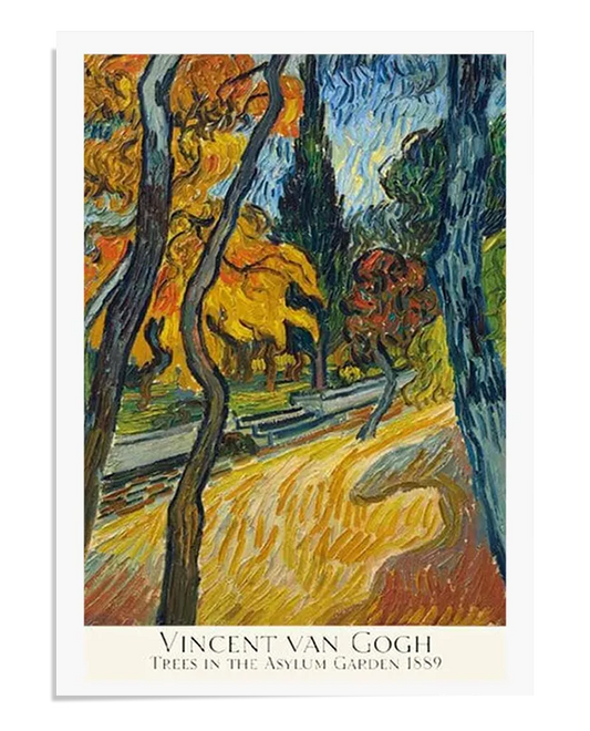 A Post-Impressionist painting depicting a path through an autumn garden, lined with twisting trees in vibrant yellow, red, and green hues. The swirling brushstrokes and bright colors convey a sense of movement and energy. The scene is filled with warmth and emotion, capturing van Gogh’s connection to nature.