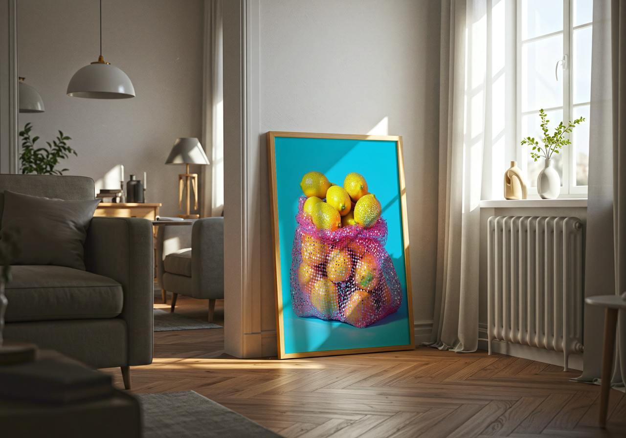 Framed artwork of a colorful bag of apples in a living room setting.