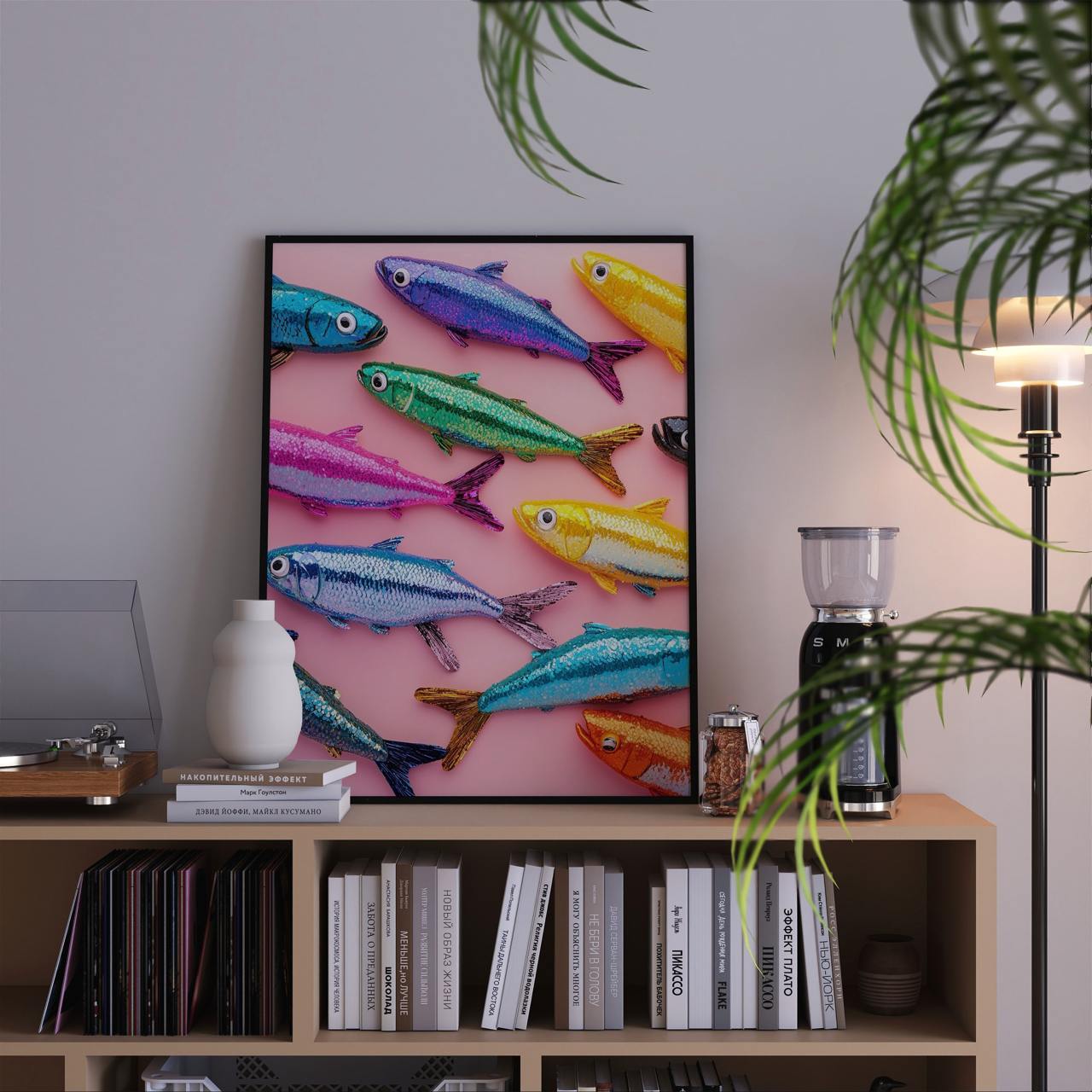 Colorful fish artwork on a shelf with books and decor items