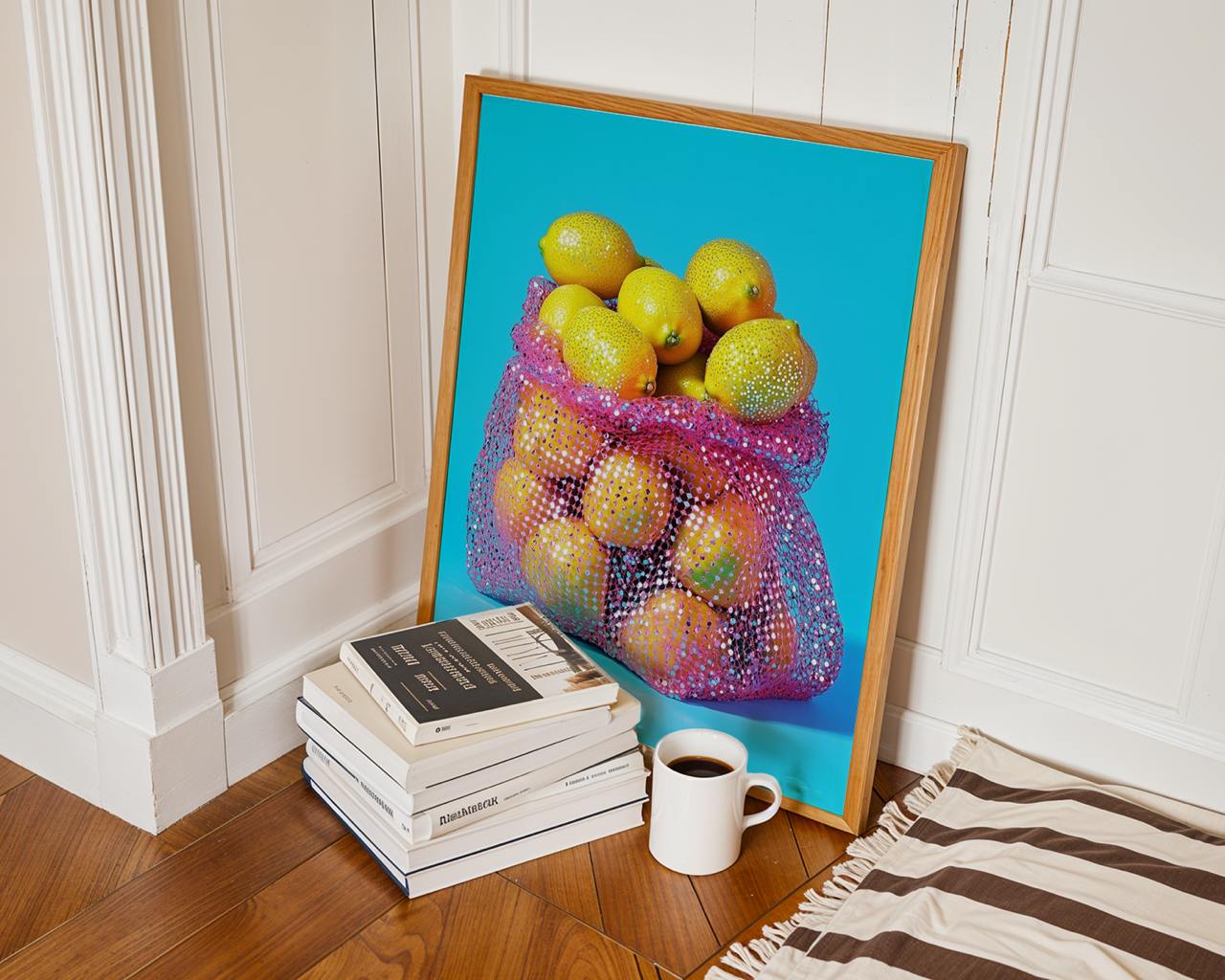 Framed artwork of a colorful bag of fruit on a wall next to books and a coffee cup.