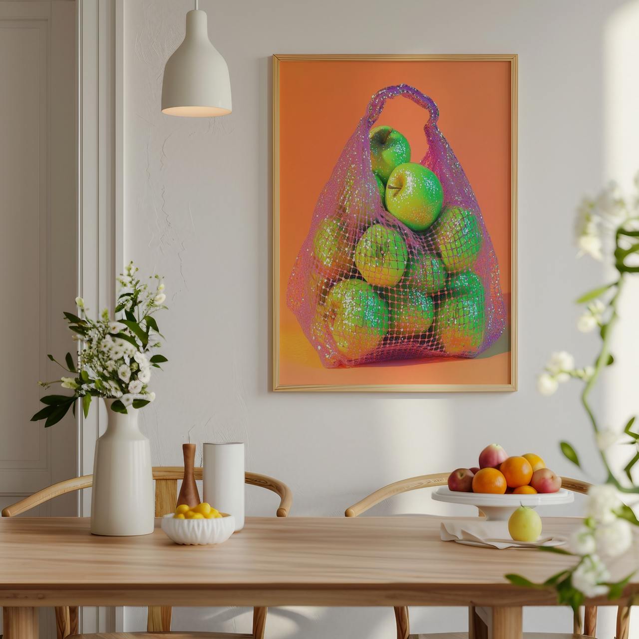 Dining room with a table, chairs, and a colorful fruit bag painting on the wall.