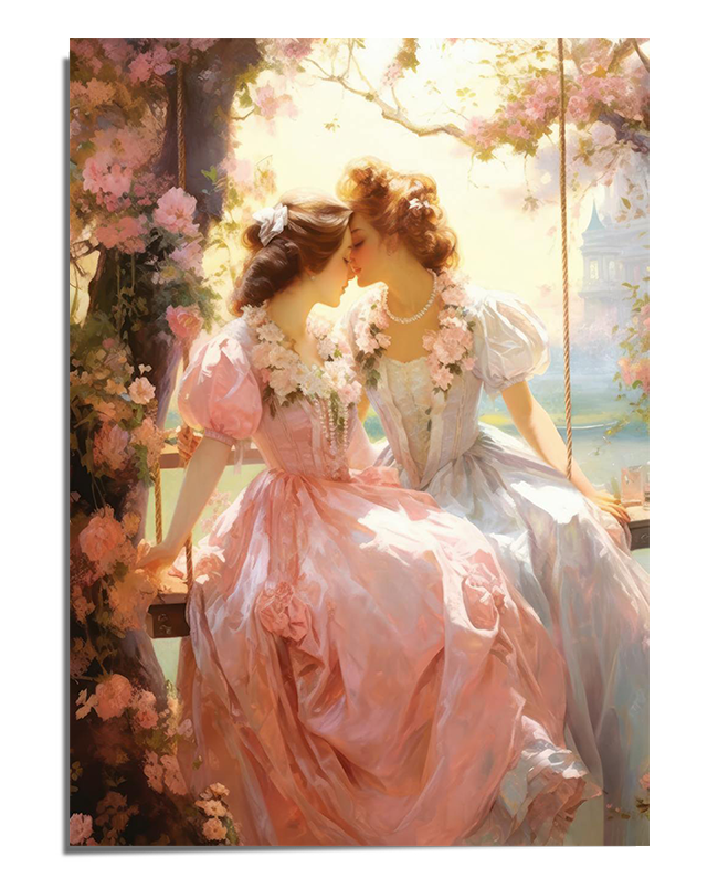A romantic painting of two women in elegant Victorian-style gowns, one in pink and the other in soft blue, leaning toward each other in a sunlit garden. Their dresses are adorned with delicate floral garlands, and a wooden swing hangs beside them. The background features lush blooming flowers, soft golden light, and a distant castle, adding to the dreamy and ethereal atmosphere.