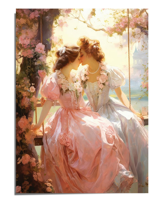 A romantic painting of two women in elegant Victorian-style gowns, one in pink and the other in soft blue, leaning toward each other in a sunlit garden. Their dresses are adorned with delicate floral garlands, and a wooden swing hangs beside them. The background features lush blooming flowers, soft golden light, and a distant castle, adding to the dreamy and ethereal atmosphere.